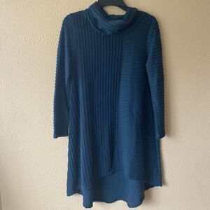 CHALET Alice Ripple Ribbed High Lo Tunic Top Women S‎ Cowl Neck Blue Lagenlook
